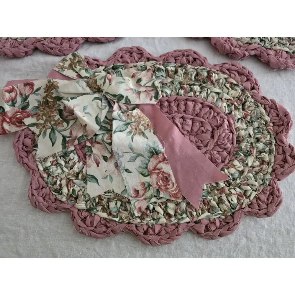 Handmade Rag Rug Placemats Set 3 Cottage Bow Kitsch Cottagecore Vintage Floral